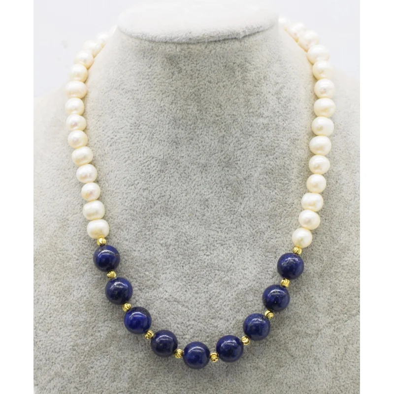 

wholesale freshwater pearl white and blue lapis 10mm round necklace 18inch FPPJ nature beads