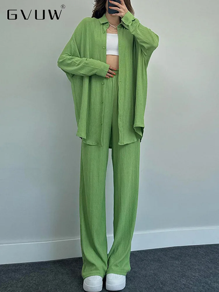 

GVUW Women's Clothes 2023 Autumn New Temperament Solid Color Long Sleeve Shirt Loose Wide Leg Pants Casual Two-piece Set 17G2104