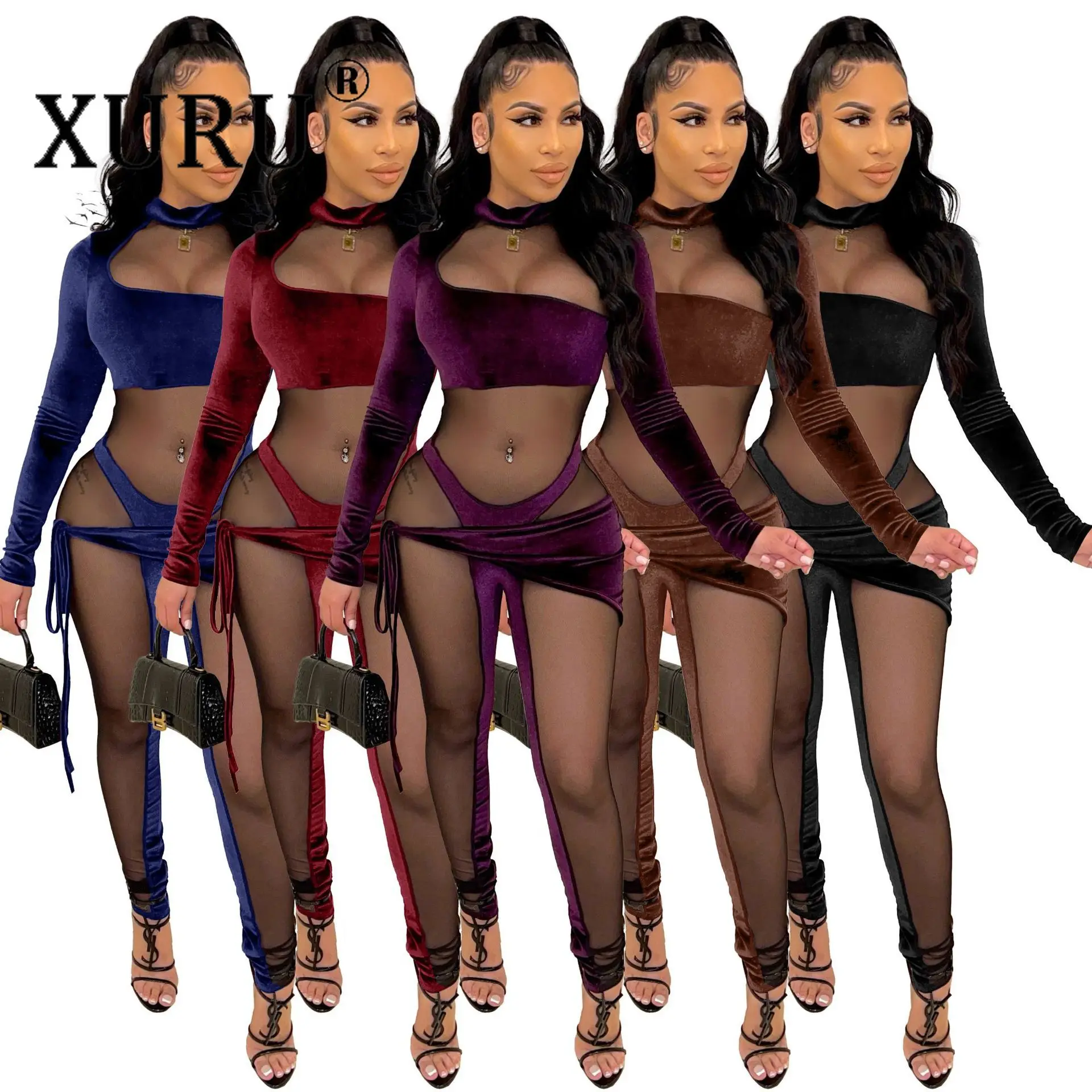 

Женский комбинезон xulu в европейском и американском стиле, сексуальный бархатный сетчатый Асимметричный комбинезон, длинный комбинезон для...