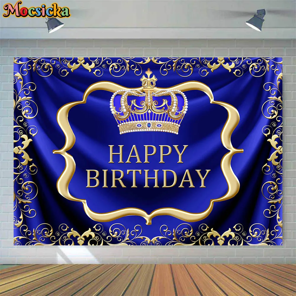 

Mocsicka Royal Prince Birthday Party Background Decor Golden Crown Baby 1st Birthday Blue Backdrop Photo Studio Photocall Banner
