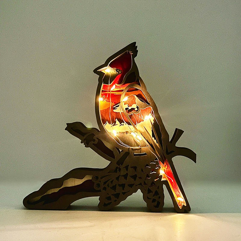 

3D Carved Hollowed Out Wood Animal Statue Artifact Luminous Creative Red Parrot Hummingbird Snow Dog Wooden Carving