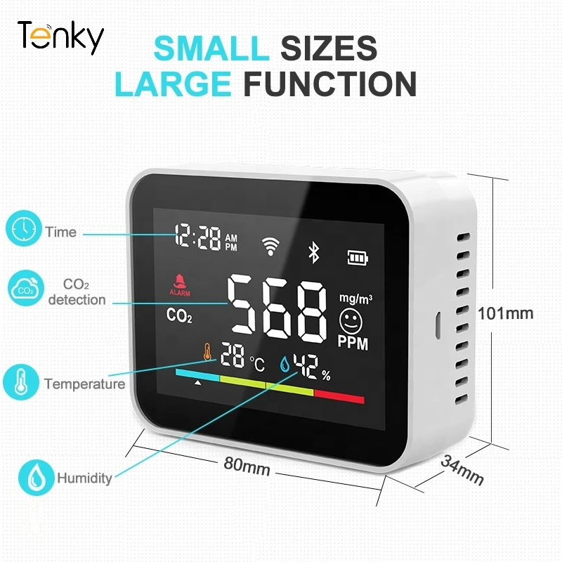 

3 In1 Tenky Tuya Wifi Smart Air Quality Sensor CO2 Meter Digital Temperature Humidity Carbon Dioxide Sensor Air Quality Monitor