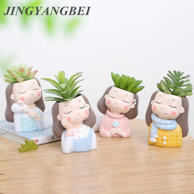 

4pcs Winter Style Girl Plants Resin Vase Succulent Plants Planter Pot Mini Bonsai Cactus Flower Pot Home Decoration Craft