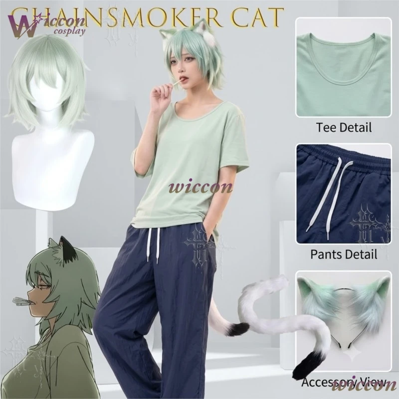 Фото Костюм для косплея Yani Neko Chainsmoker Cat: полный комплект с париком, обувью, ушками и хвостом для Comic Con, Хэллоуина, ролевых игр №1