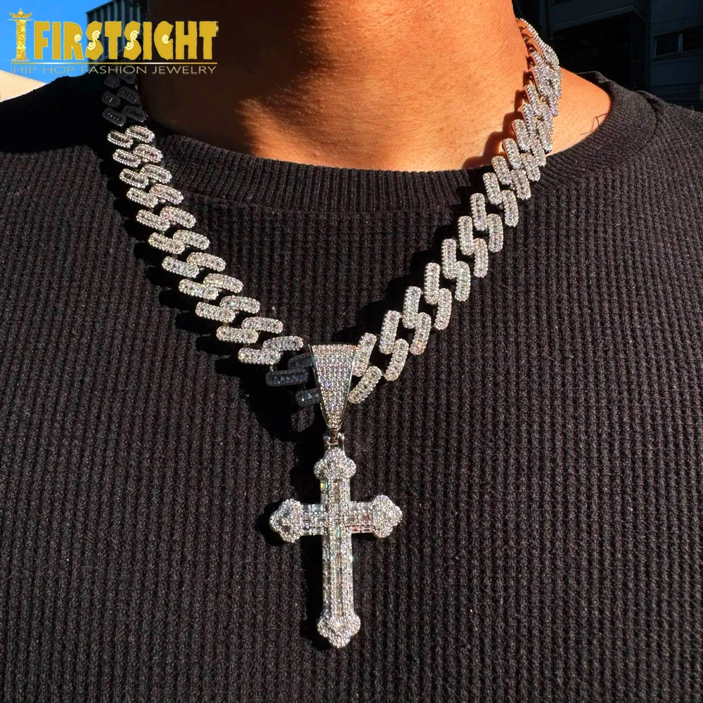 Фото Ожерелье Iced Out Cross для мужчин и женщин, блестящий серебряный цвет, подвеска с кубическим цирконием, 15 мм, кубинская цепочка, ювелирные изделия в стиле хип-хоп №1