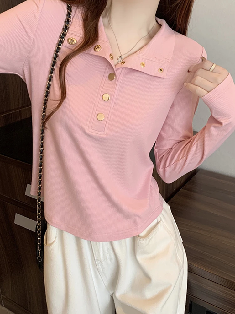Розовая футболка с воротником-поло и длинными рукавами женская весенняя одежда