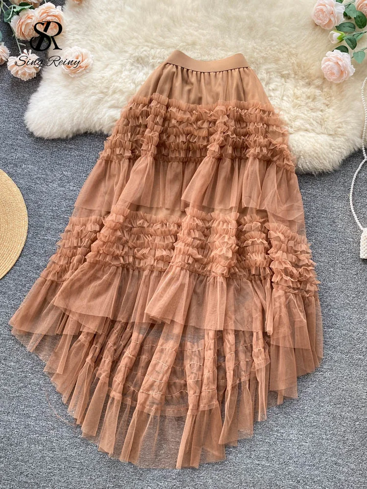 

SINGREINY Irregular Mesh Ruffled Women Skirt Summer 2022 Elastic Waist Vacation Temperament evening dresses goth skirt