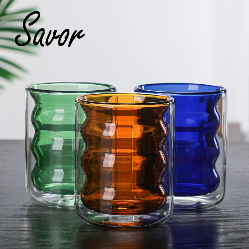 

300ml Double Wall Insulated Glass Cup Irregular Wave Shaped Heat Resistant Thermo Tea Coffee Water Mug Clear Drinking