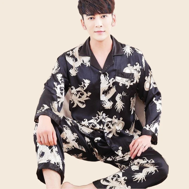 Men's Pajamas Set Short Sleeve T-shirt Long Pants 2Piece/Set Summer Sexy Dragon Print Rayon Pyjama Homewear Cozy PJS Big Size
