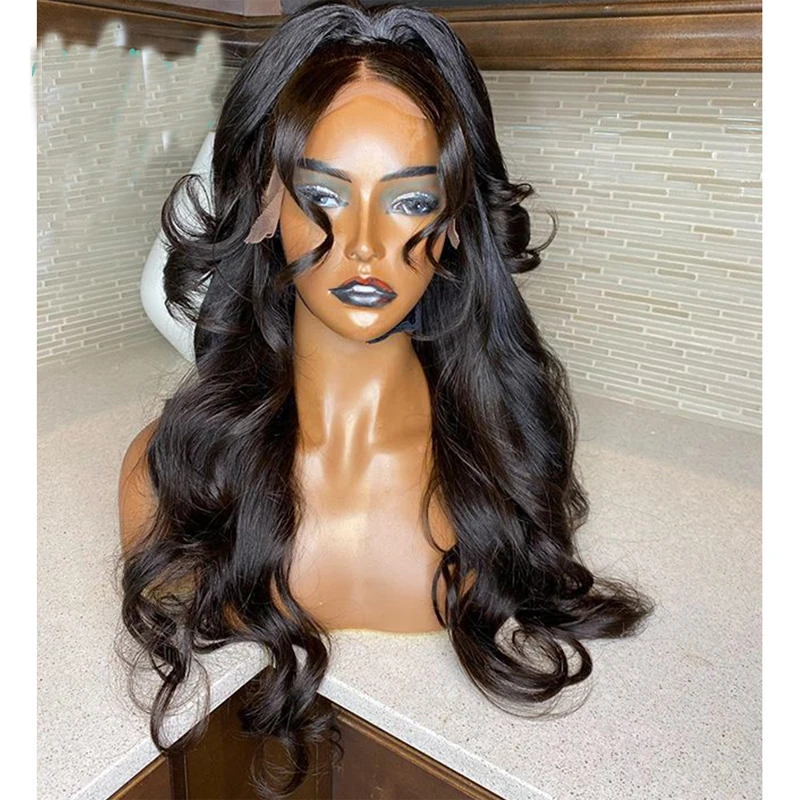

Glueless Long Soft Body Wave Synthetic Lace Front Wig For Black Women Babyhair Preplucked Daily 26 inch Cosplay Heat Resistant