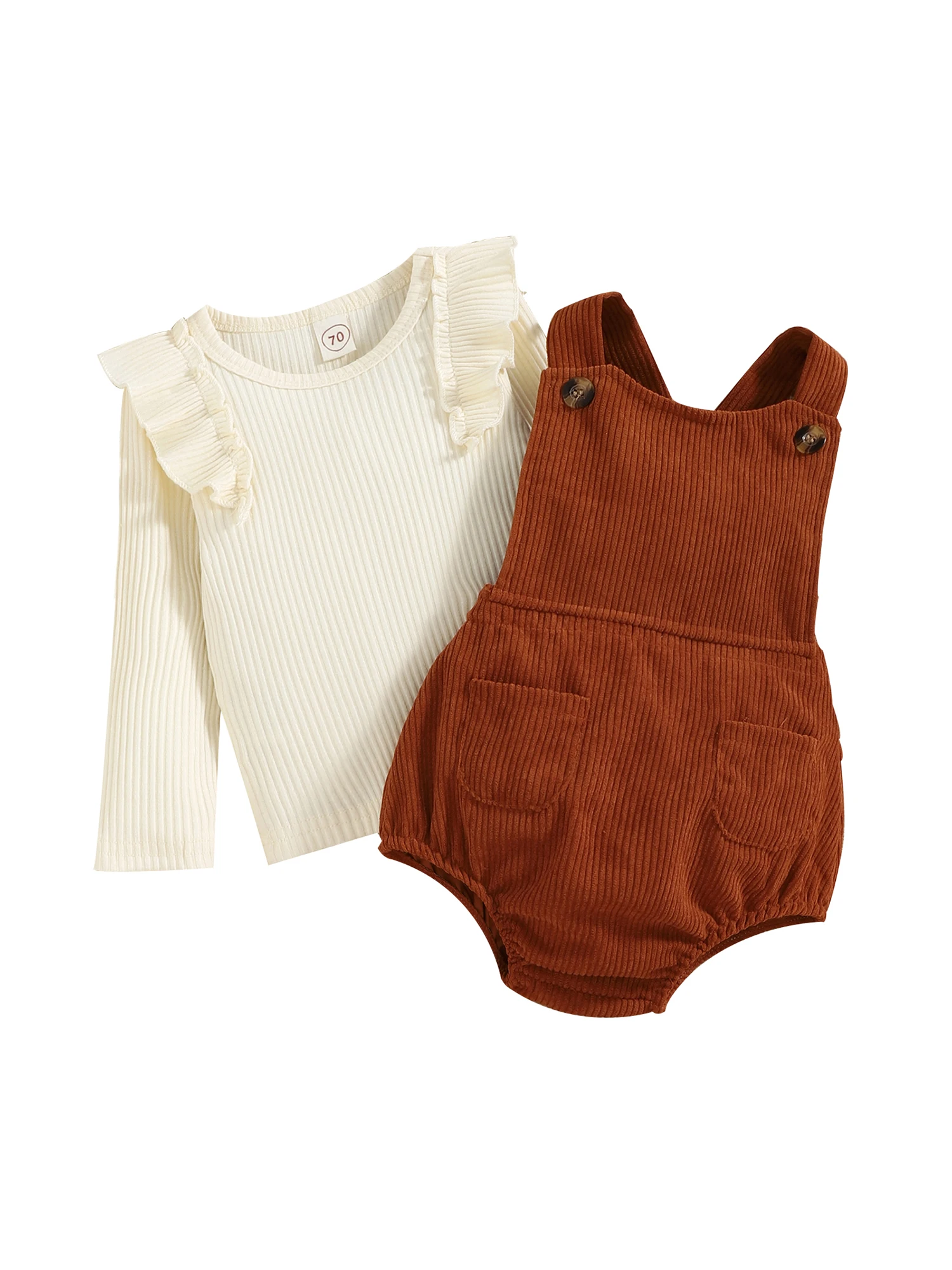 

Newborn Baby Girl Fall Winter Outfit Ruffle Long Sleeve Ribbed Knit Shirt Tops Pocket Corduroy Suspender Shorts Set