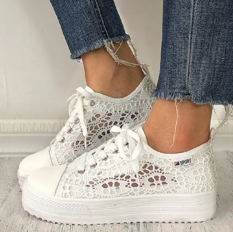 

Summer Size 35-43 Simple Women Shoes Casual White Shoes Cutouts Lace Canvas Hollow Breathable Platform Flat Shoes Woman Sneakers