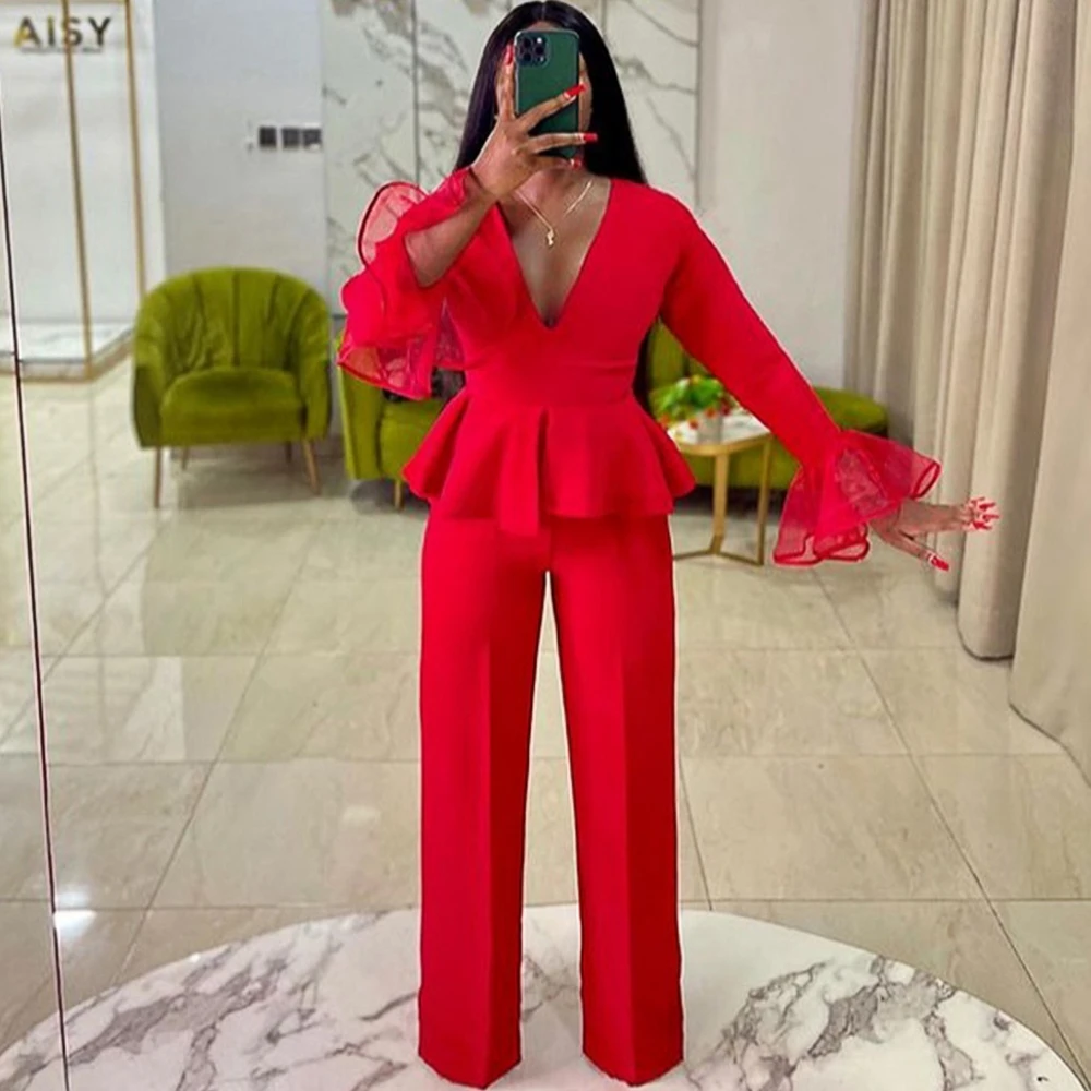 

Women Red Jumpsuits Dashiki African Ruffles Long Flare Sleeve Peplum Christmas Large Size Party Wear Celebrate Rompers Overalls