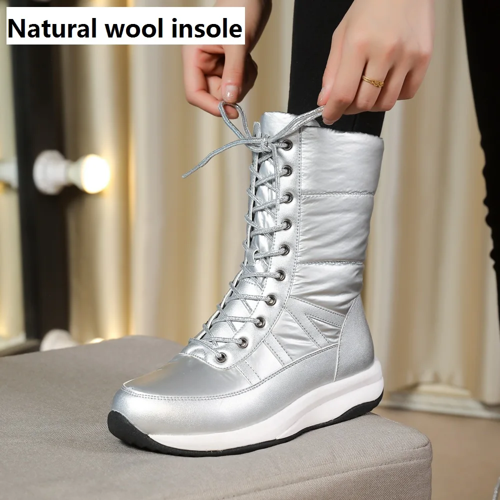 Fashion Women Winter Ankle Boots Waterproof Non Slip Footwear Ladies Snow Boots Soft Soled Lace Up Fur Shoes Black Silver Gray