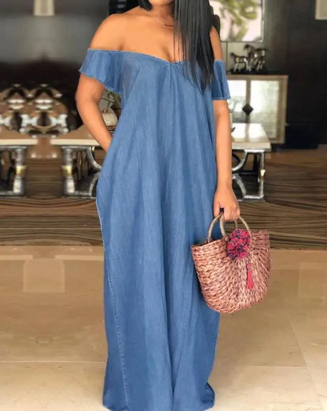 

Female Loose Denim Maxi Dress 2023 Summer European & American Fashion Off Shoulder Women's Vacation Casual Short Sleeve Dresses