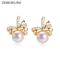 zhboruini real natural freshwater pearl 14k gold gilled pearl earrings for women trendy sweet bow stud earring gift accessories