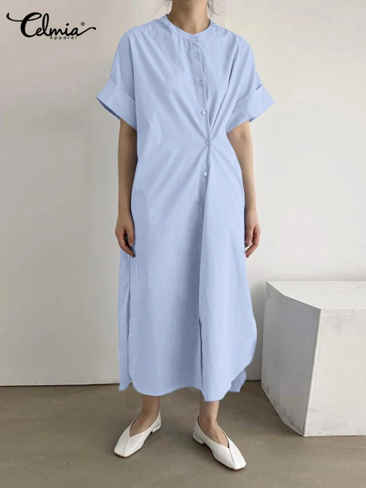 

Celmia Casual Loose Short Sleeve Sundress Women Solid Color Shirtdress 2023 Summer Fashion Button Up Round Neck Maxi Dress