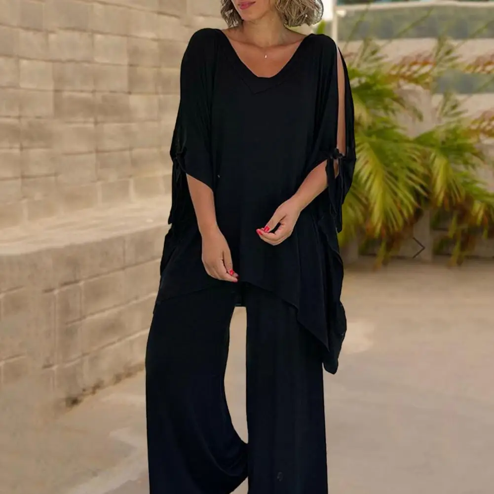 

2Pcs/Set Lady Outfit Lace-up Half Sleeve T-shirt Wide Leg Long Pants Off Shoulder Pockets Office Outfit