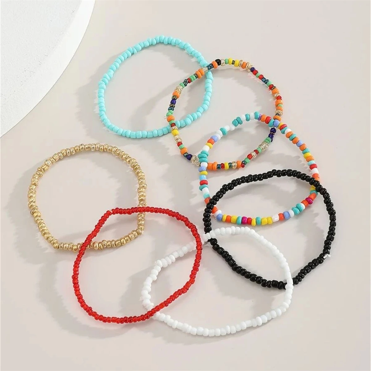

Trendy 7-Piece Set of Beaded Geometric Bracelets Multi-layer Colorful Rice Bead Elastic Bracelet pulseras mujer brazaletes