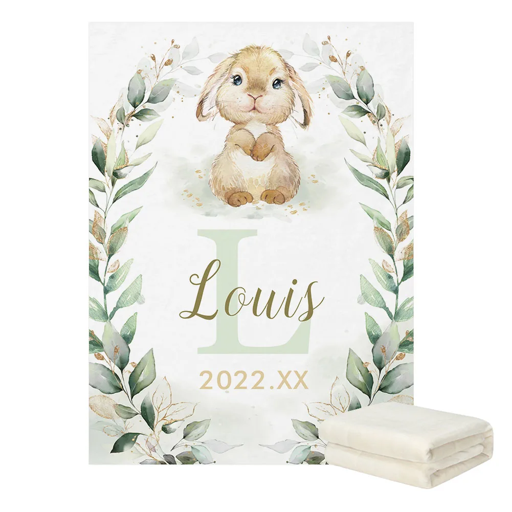 LVYZIHO Personalized Cute Bunny Rabbit Greenery Gold Baby Blanket - 30x40 / 48x60 / 60x80 Inches - Fleece Blanket