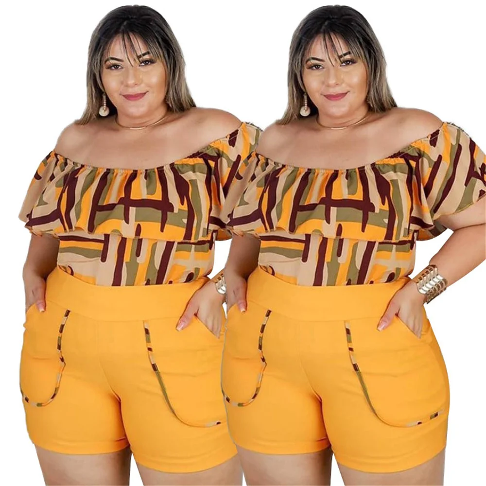 Plus Size 4xl Two Piece Sets for Women Short Sleeve Slash Neck Mid Waist Geometric Printing Above Knee Wholes 3xl 4xl 5xl 6xl
