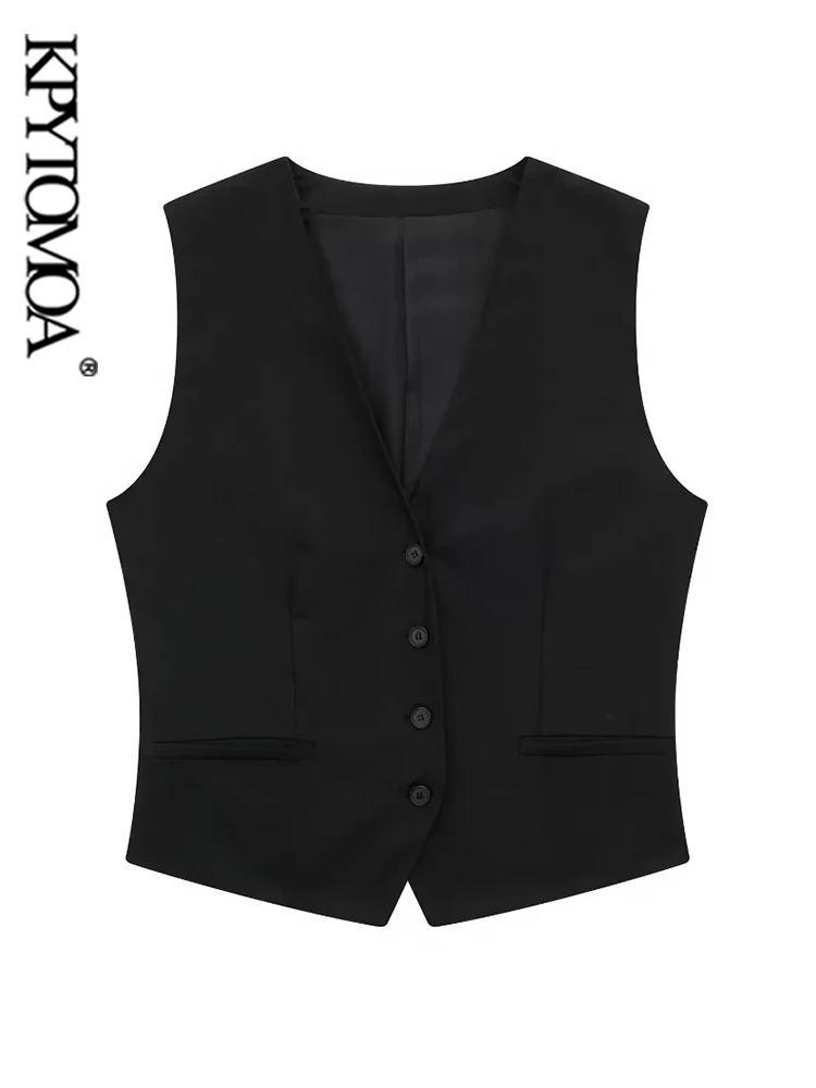

KPYTOMOA Women Fashion Front Button Linen Waistcoat Vintage V Neck Sleeveless Female Outerwear Chic Vest Tops