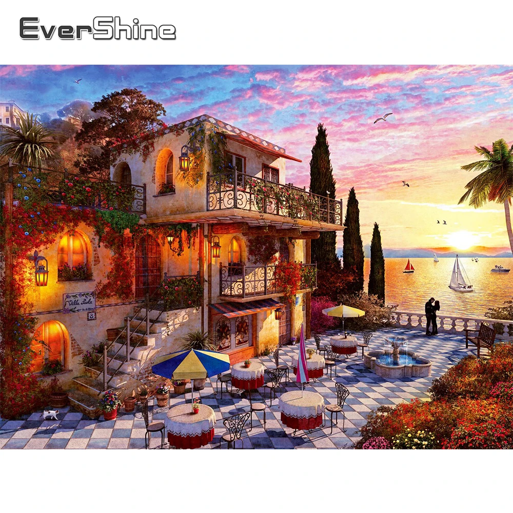 

EverShine Diamond Mosaic Seaside Picture Of Rhinestones 5D Diamond Painting House Needlework Embroidery Landscape Handmade Hobby
