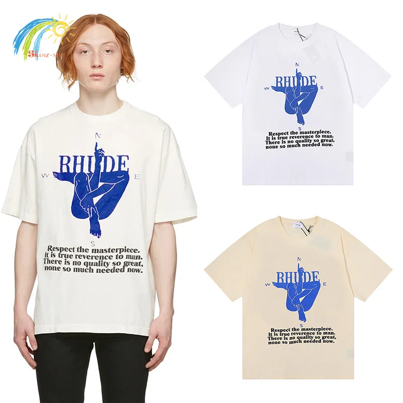 

Compass Print White Apricot RHUDE T Shirt Men Women Oversize Streetwear Fashion Loose Rhude Tee Top