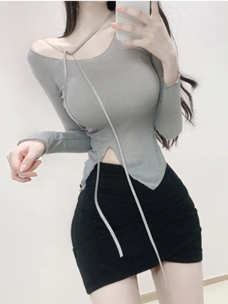 

TVVOVVIN 2022 Корейская Новинка, пикантная слегка элегантная тонкая футболка на шнуровке с разрезом и длинным рукавом, футболки, милая сказочная ...