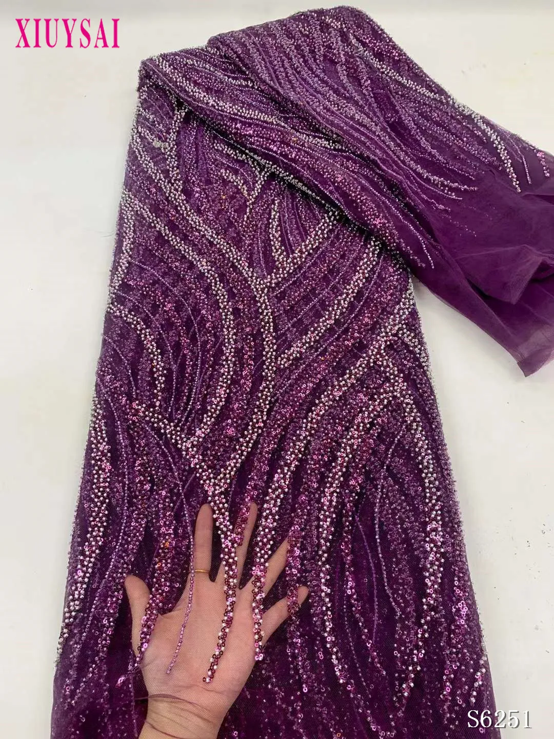 

Fuchsia African French Net Embroidery Luxury Handmade 3D Sequins Beaded Lace Fabric For Wedding Party Evening Dress