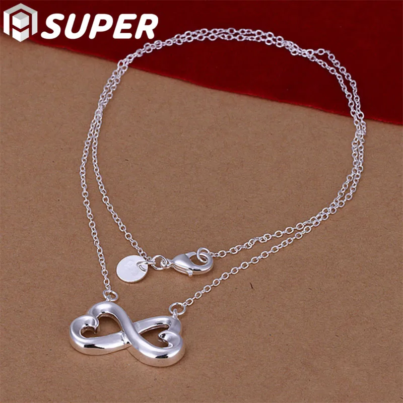 

925 Sterling Silver Double Heart Pendant Necklace 18 inch Chain For Woman Engagement Wedding Fashion Charm Jewelry