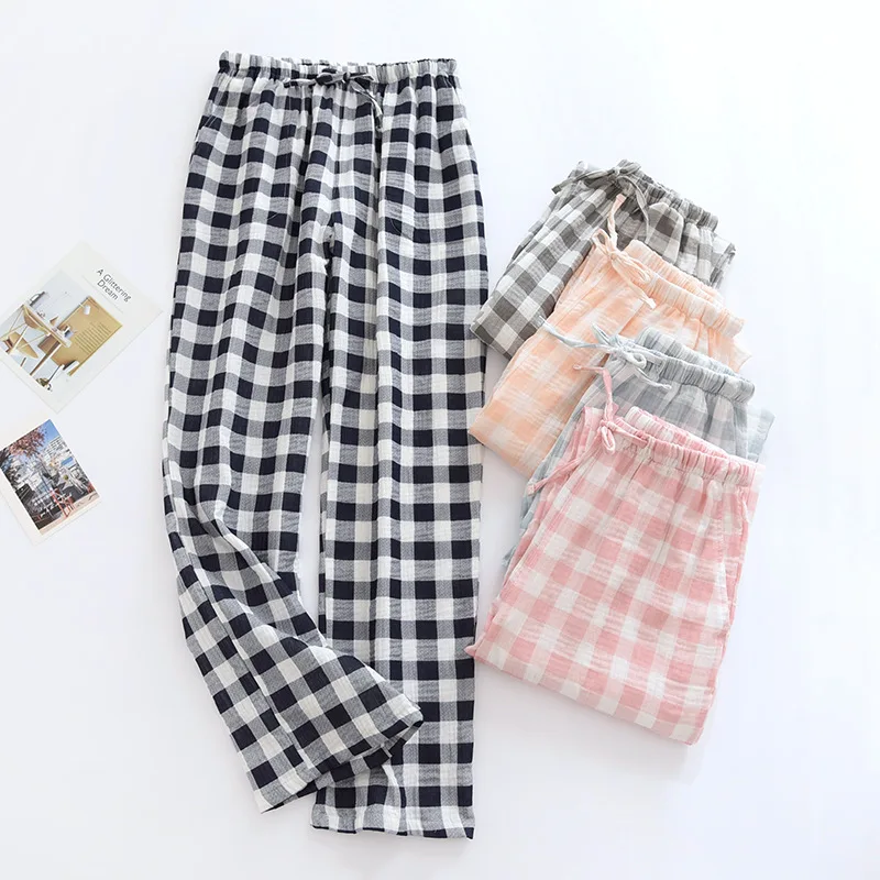 

Summer 100% Cotton Pajama Pants Leisure Thin Home Pants Long Loose Pajamas Elastic Waist Plaid Sleep Bottoms Loose Sleepwears