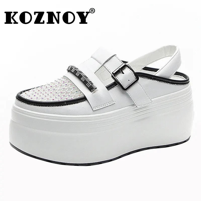 

Fujin 8cm New Rhinestone Air Mesh Genuine Leather Women Chunky Sneakers Platform Sandals Breathable Slippers Hollow Summer Shoes