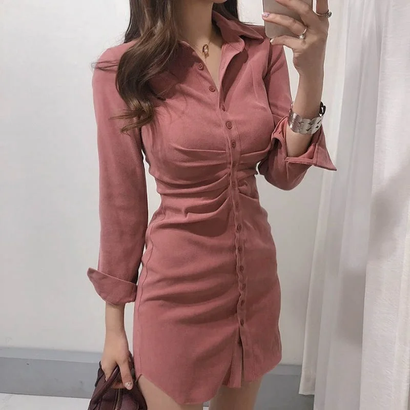 

Slim OL Retro All-match Temperament Pink Lapel Single Breasted Wrap Hip Dress Mini Slim High Waist Solid Vestido Mujer Shirts