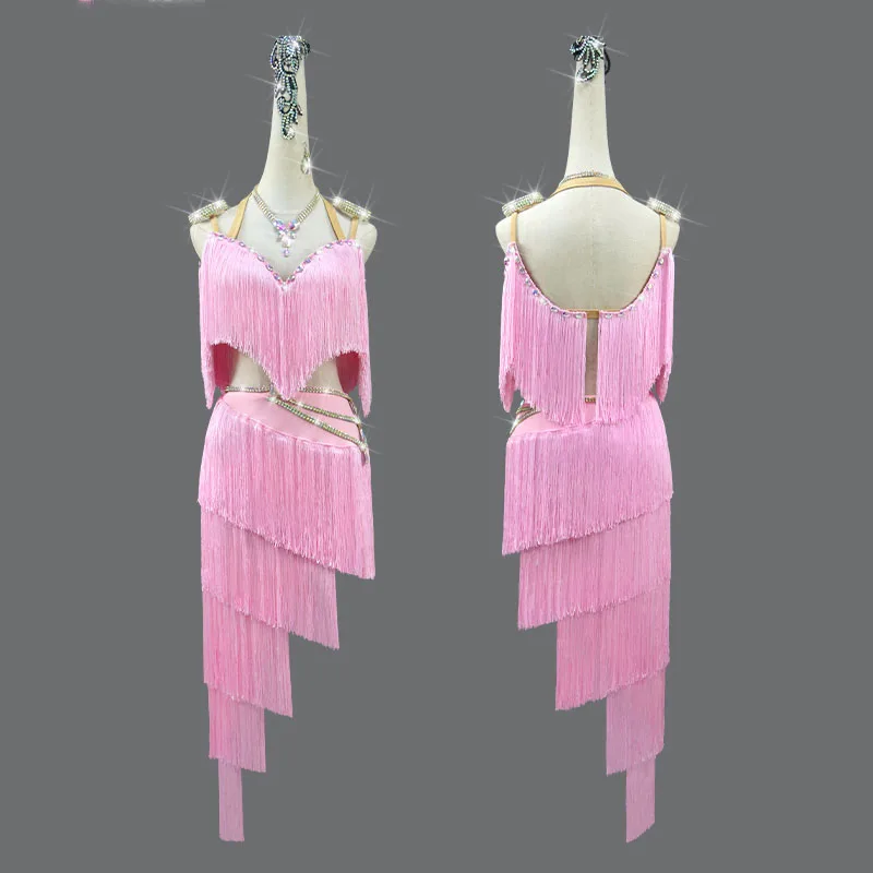 

2023 Latin Dance Dress Pink Professional Women Ball Party Prom Short Skirt Samba For Girl Line Sport Wear Fringed Female Clothes