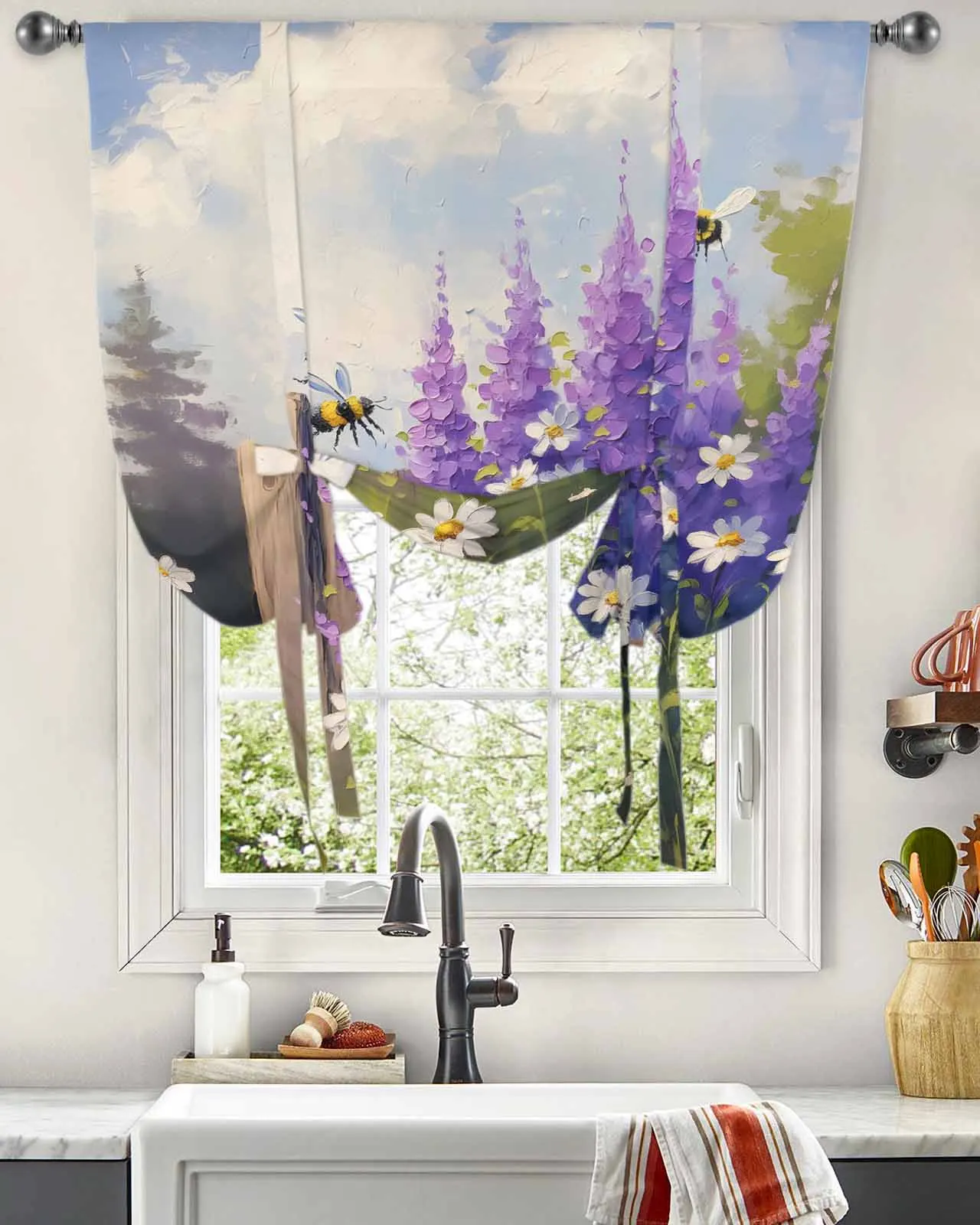 Картина маслом фиолетовая лаванда Маргаритка пчела оконные занавески для