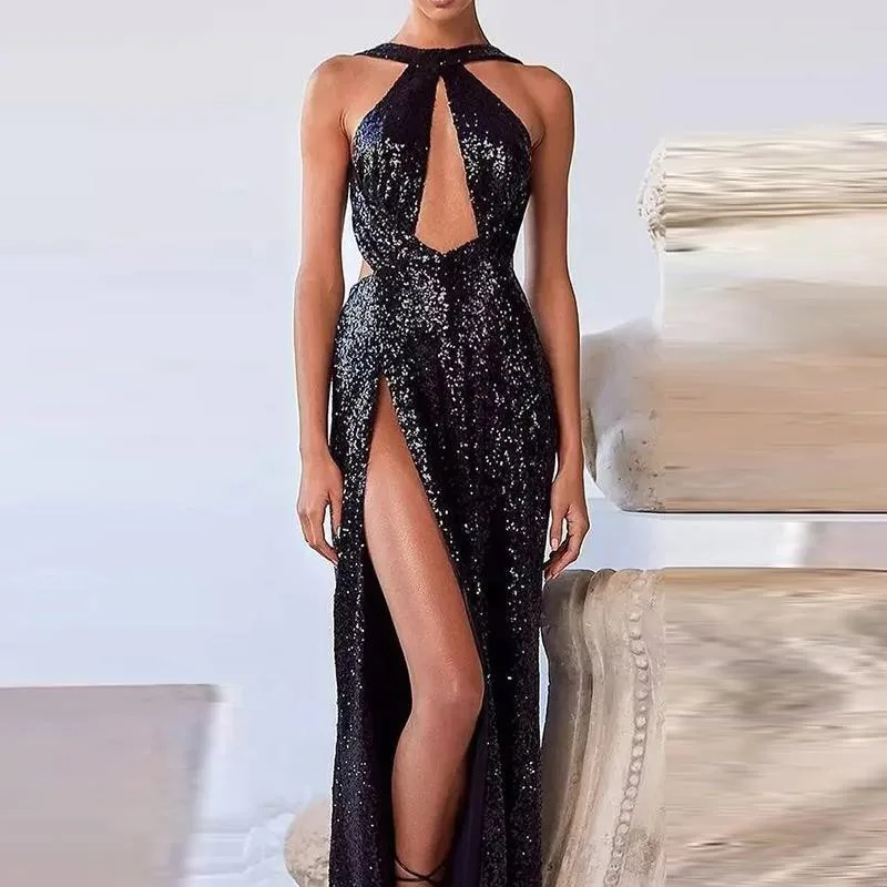 Women Sexy Cold Shoulder Backless High Slit Maxi Sequin Black Elegant Party Dress Hollowed Out