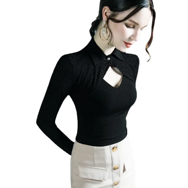 Осенняя новая футболка с полым дизайном и поясом сетчатым слоем стильная