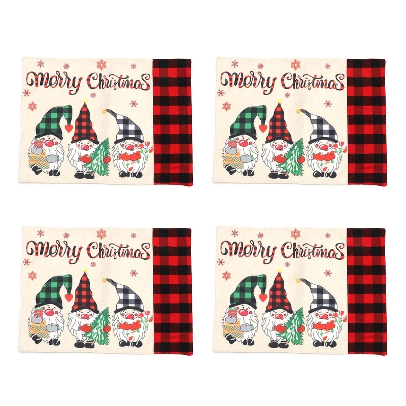 

4 Pieces Place Mats Dinner Table Mats Gnomes Pattern Christmas Style Fabric Mats TOP ones