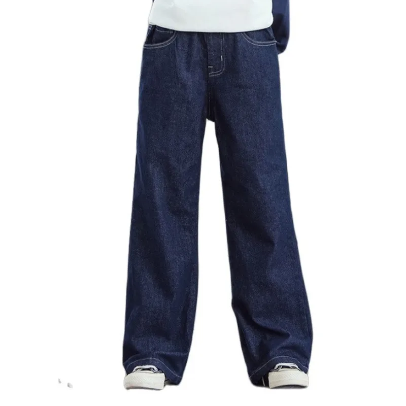 

Джинсы с карманами на спине для девочек, свободные дизайнерские штаны с широкими штанинами, модные синие джинсовые брюки для подростков, 8, 9,...