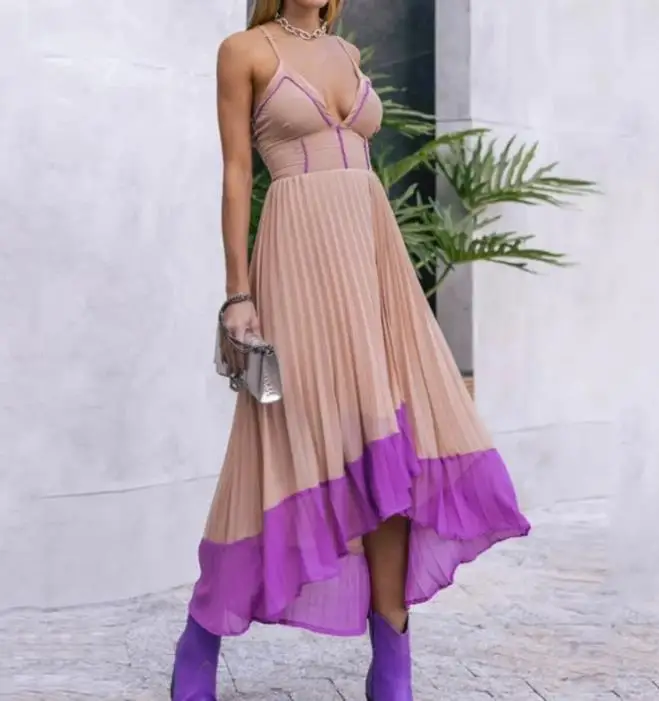 

Elegant Dresses for Women V-Neck Color-Block Suspender Skirt with Narrow Waist Elegant Long Dress New Fashion 2023 Summer Casual
