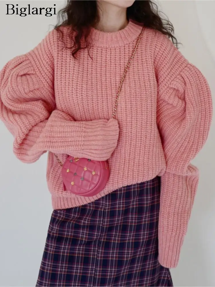 

Autumn Winter Pullover Knitted Tops Women Loose Fashion Pleated Long Sleeve Ladies Sweaters Tops Korean Style Woman Sweater 2023
