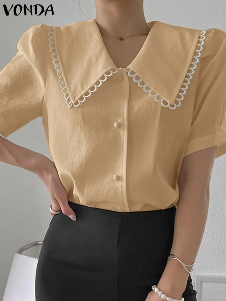 

VONDA богемные летние топы 2023 Женские однотонные рубашки с коротким рукавом элегантные офисные блузки в офисном стиле на пуговицах повседневные блузки