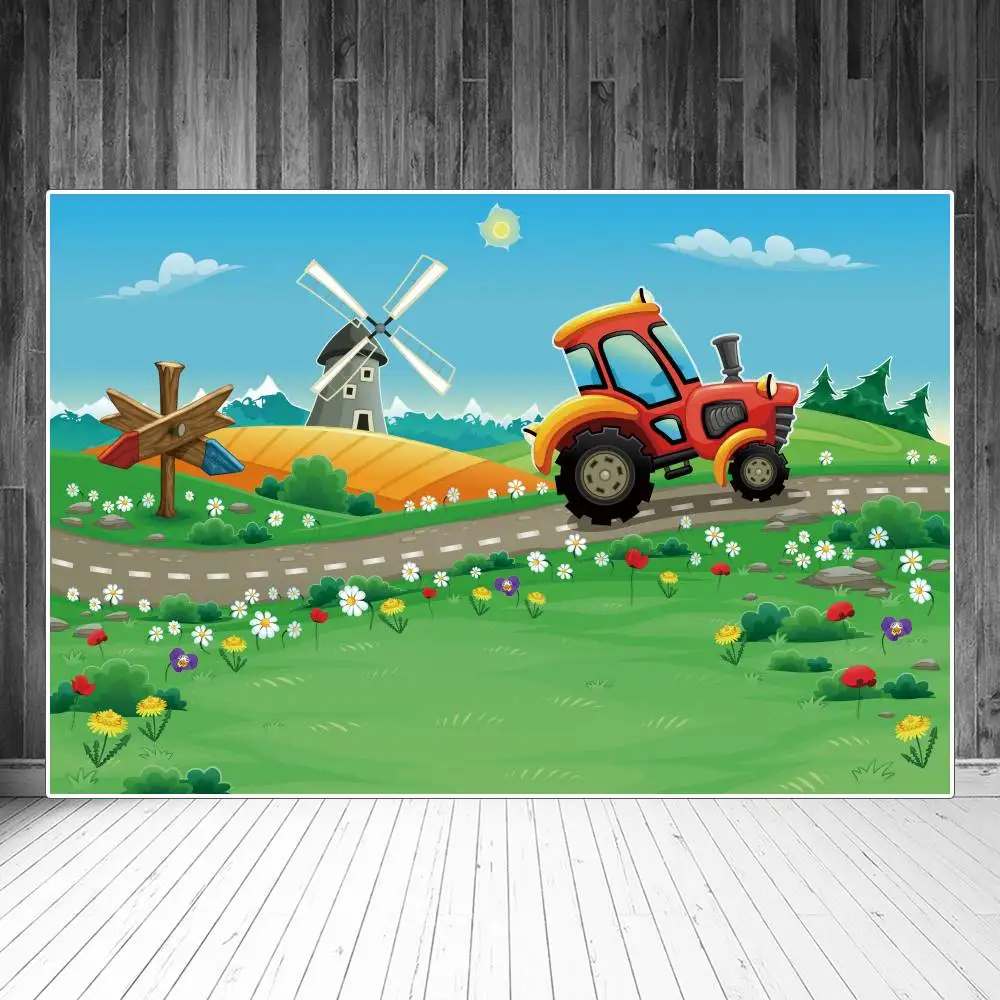 

Farm Field Tractor Cartoon Photography Backdrops Decoration Grassland Road Windmill Custom Baby Photobooth Backgrounds Props