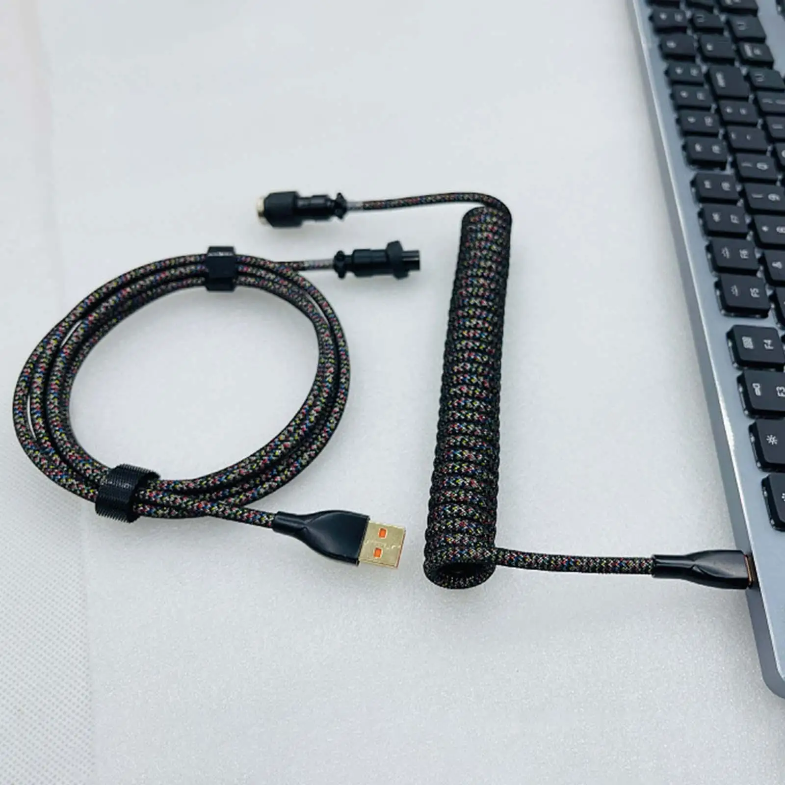 

USB to Type C Coiled Cable Black Double Sleeved Coiling Sprial Cable for Mechanical Keyboard
