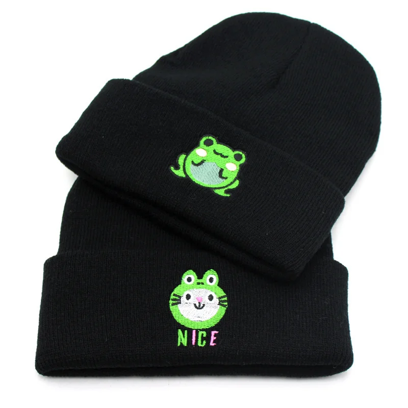 

Зимняя вязаная шапка в виде лягушки, хлопковые вышитые Мультяшные персонажи, теплые лыжные вязаные шапочки унисекс для женщин и мужчин, Прямая поставка