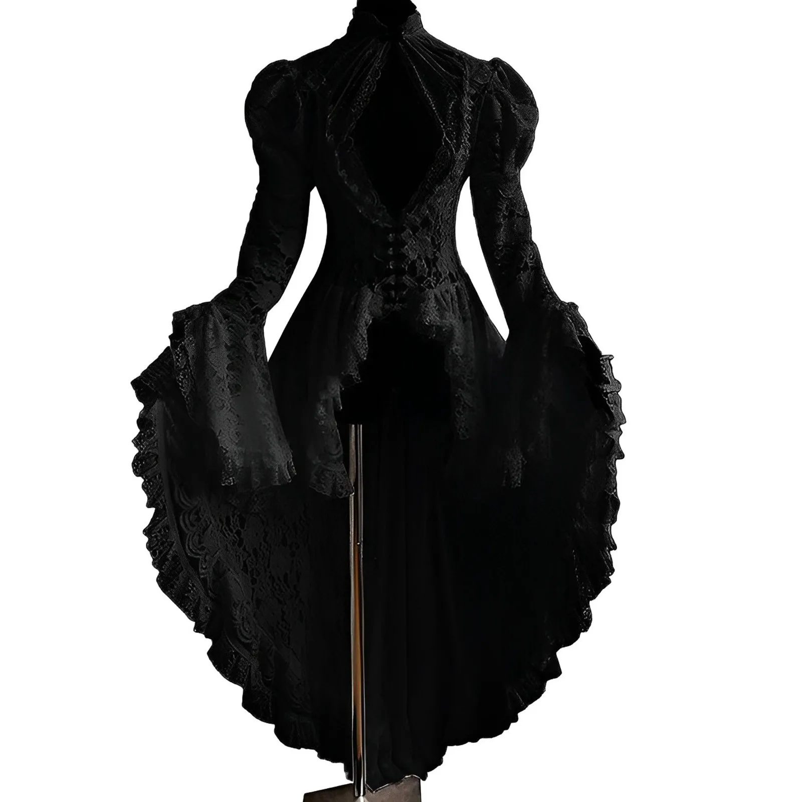 

Винтажное кружевное лоскутное платье с высокой горловиной и рукавами-колокольчиками облегающее Прозрачное платье для маскарада идеально подходит для косплея для мужчин