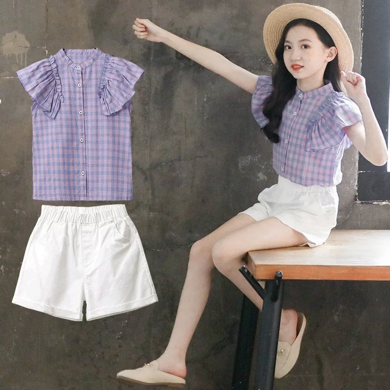 

Children Clothing 2023 New Summer Suits For Kid Girl New Fashion Girls Short Sleeve Top And Striped Shorts 2-Piece 4-7 Years Old