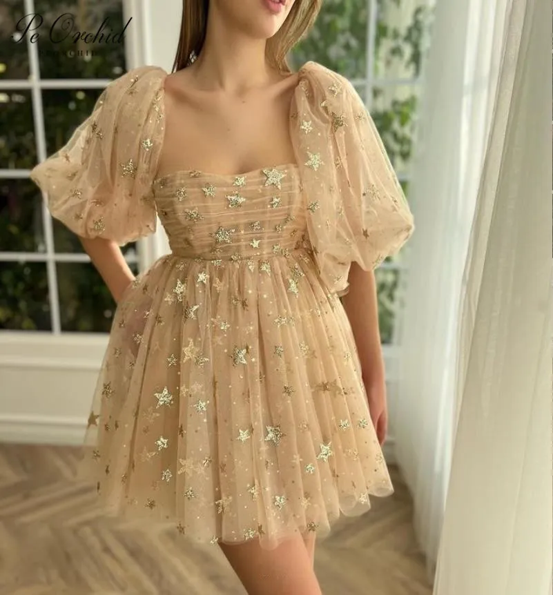 

PEORCHID Gold Sequin Tulle Prom Dresses Short Sleeves Formale Anlass Kleider Women Birthday 2023 Elegant Girls Homecoming Dress