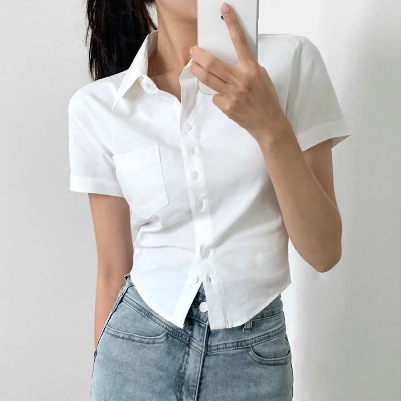 

Deeptown Women Blouses Basic White Shirts Preppy Style Cropped Short Sleeve Tops Female Slim Office Wear Korean Fashion Casual